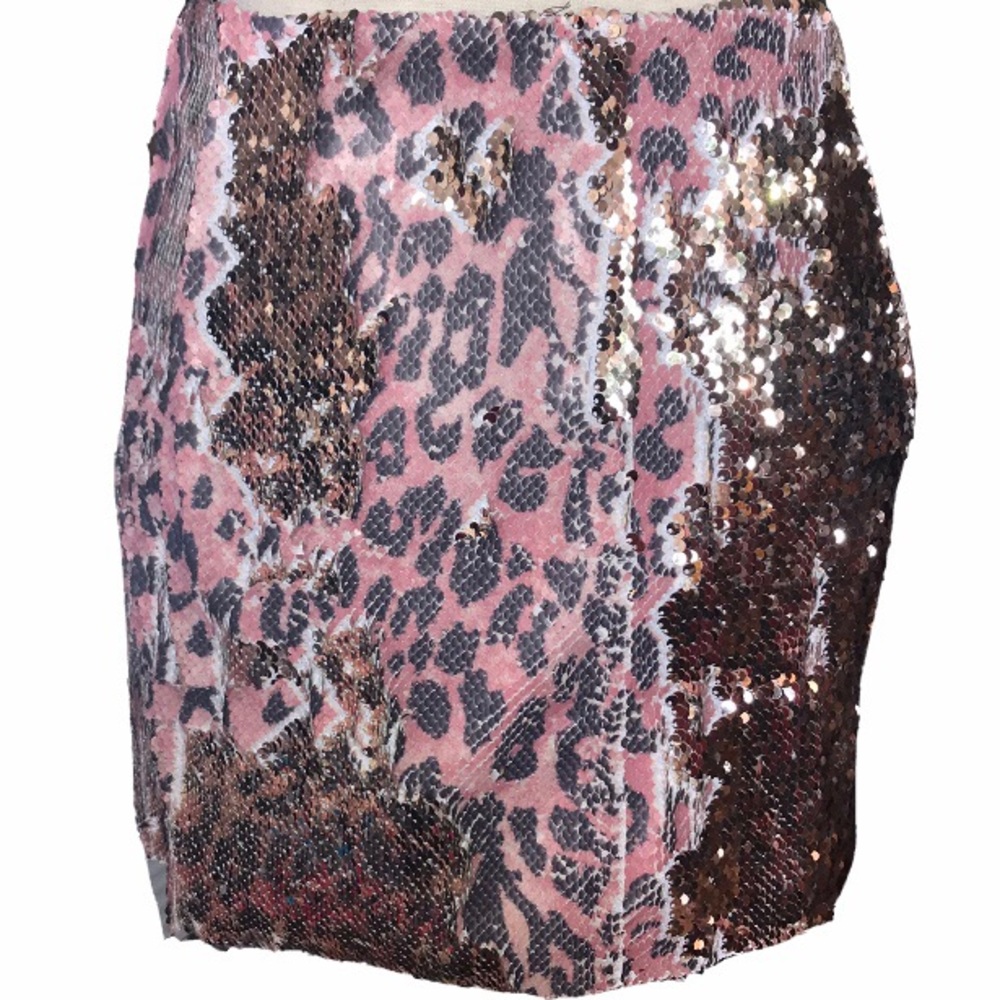 Free People One Sequined Cheetah print Mini Pencil Skirt Two Tone Pink Gold 00